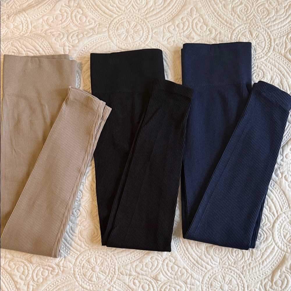 Set of Three Ribbed Leggings - Tan, Black, and Navy